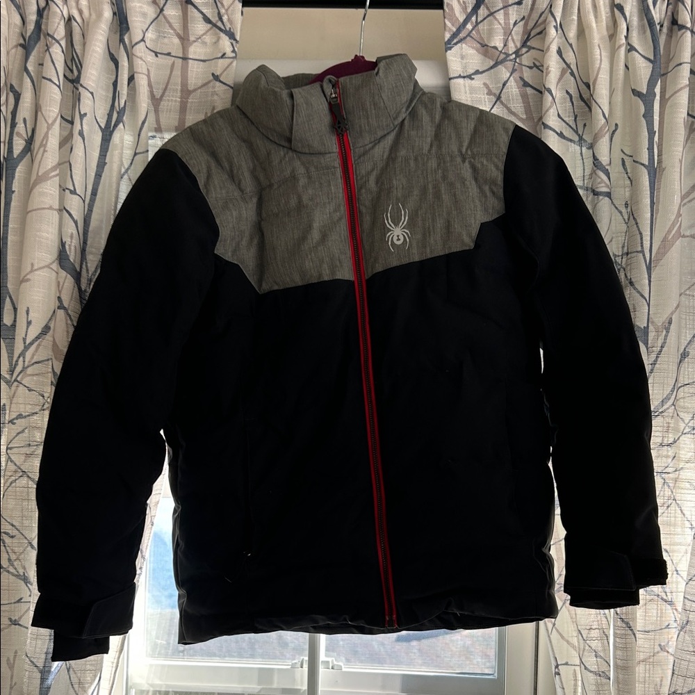 Spyder Kids' Black and Gray Puffer Jacket with Red Accents